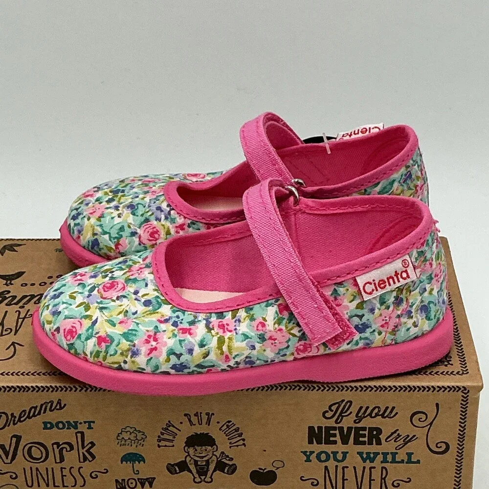 Cienta Ballet Flats Girls 7.5 Multi Floral Print Adjustable Strap Shoes Eby3173